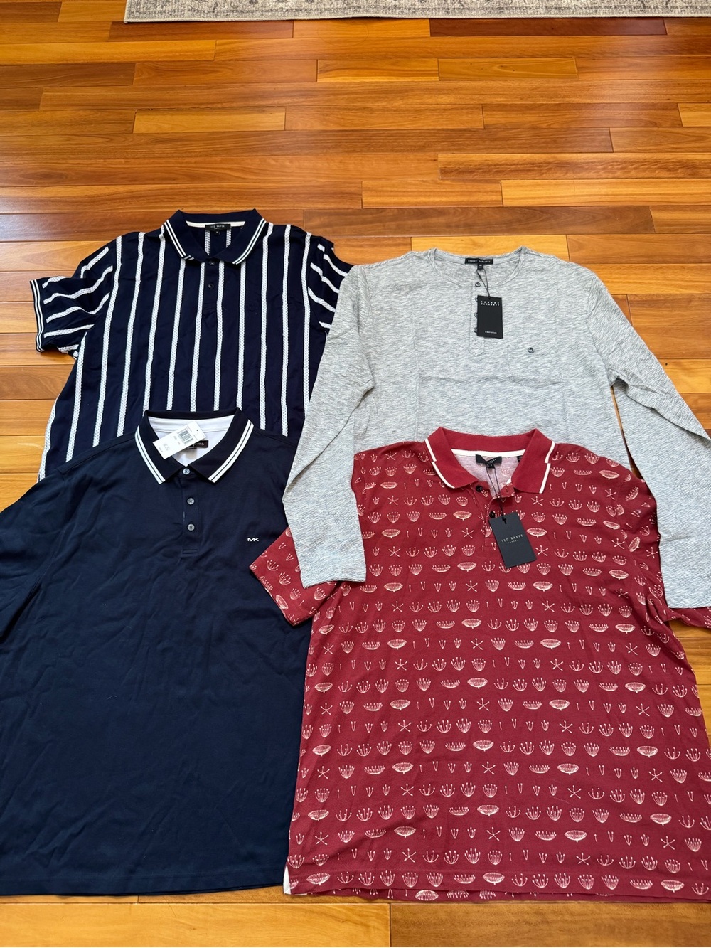 Ted Baker Men's Red Patterned Polo with Grey, Navy & Navy Stripe Long-Sleeves